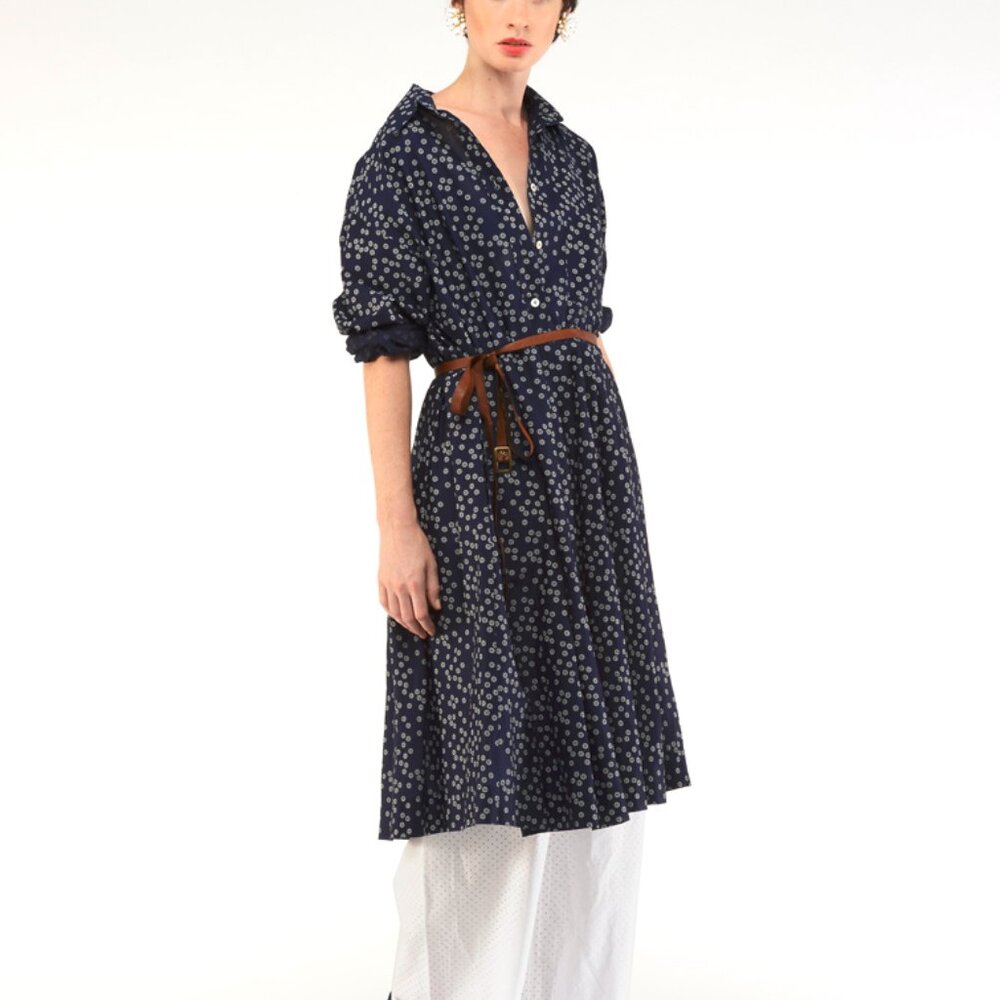 Erika Cavallini SS/15 Blue Daisy-Floral Cotton Belted Shirt Dress